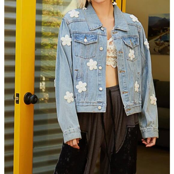 POL Women Pearl Flower Embellished Denim Jacket - Picture 3 of 8
